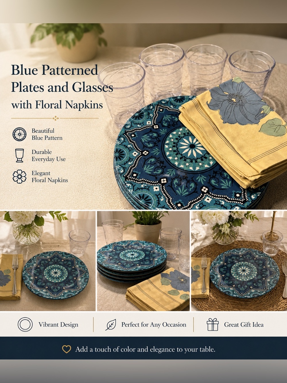 Blue Patterned Plates and Glasses with‎ Floral Napkins
